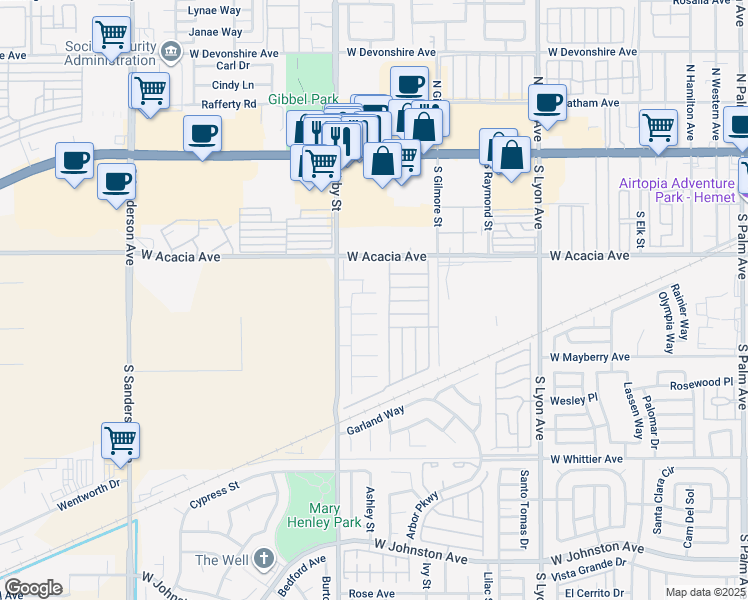 map of restaurants, bars, coffee shops, grocery stores, and more near 2375 Tahoe Circle in Hemet