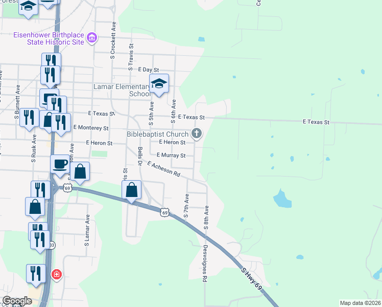 map of restaurants, bars, coffee shops, grocery stores, and more near 617 East Murray Street in Denison