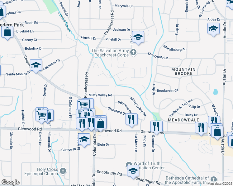 map of restaurants, bars, coffee shops, grocery stores, and more near 3436 Misty Valley Road in Decatur