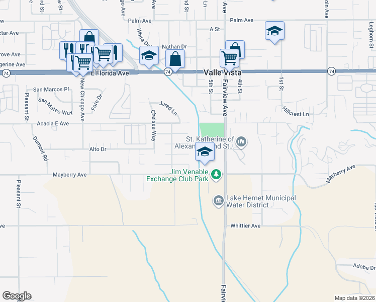 map of restaurants, bars, coffee shops, grocery stores, and more near 43833 Payne Avenue in Hemet
