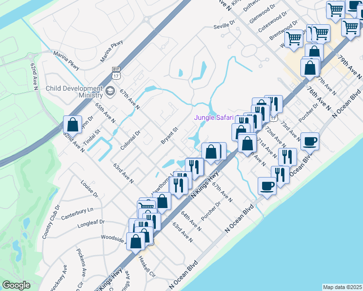 map of restaurants, bars, coffee shops, grocery stores, and more near 6710 Wahoo Drive in Myrtle Beach