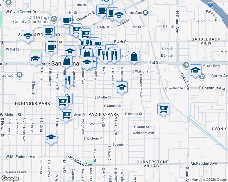 map of restaurants, bars, coffee shops, grocery stores, and more near 401 South Hickory Street in Santa Ana