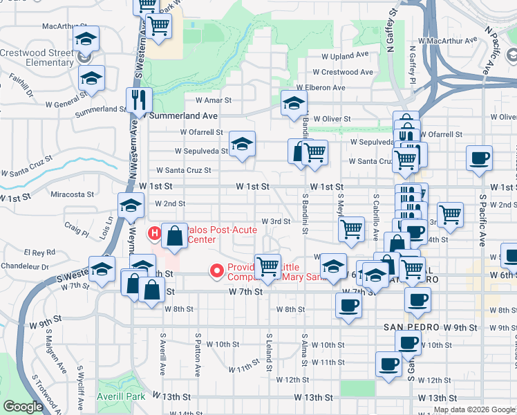 map of restaurants, bars, coffee shops, grocery stores, and more near 1173 West 2nd Street in Los Angeles