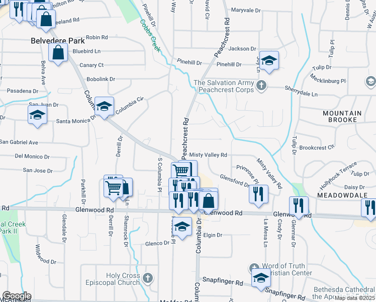map of restaurants, bars, coffee shops, grocery stores, and more near 3336 Misty Valley Road in Decatur