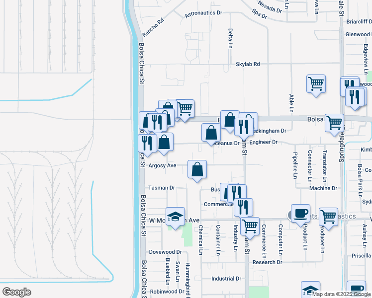 map of restaurants, bars, coffee shops, grocery stores, and more near 5202 Oceanus Drive in Huntington Beach
