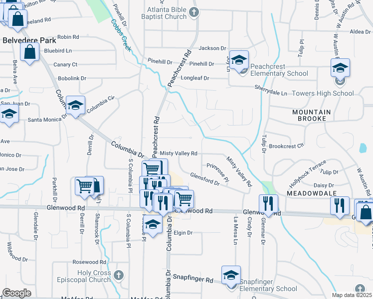 map of restaurants, bars, coffee shops, grocery stores, and more near 3396 Misty Valley Road in Decatur