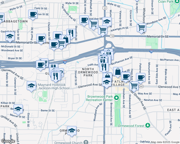 map of restaurants, bars, coffee shops, grocery stores, and more near 1084 Sanders Avenue Southeast in Atlanta
