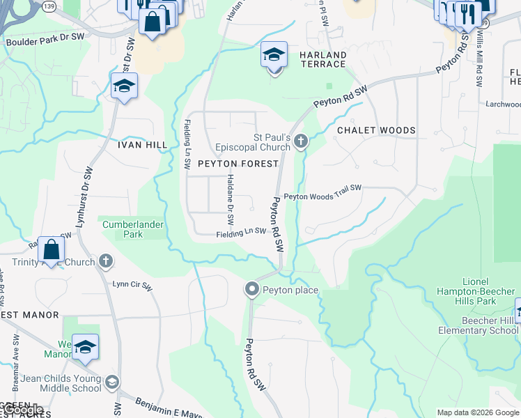 map of restaurants, bars, coffee shops, grocery stores, and more near 2825 Monica Court Southwest in Atlanta