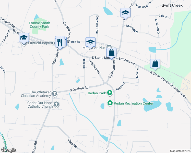 map of restaurants, bars, coffee shops, grocery stores, and more near 1661 Phillips Road in Lithonia