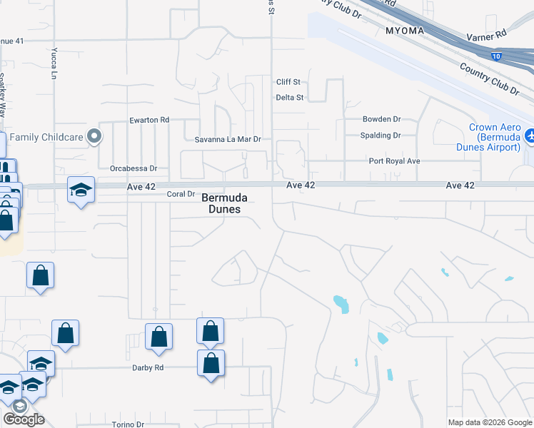 map of restaurants, bars, coffee shops, grocery stores, and more near 42205 Adams Street in Bermuda Dunes