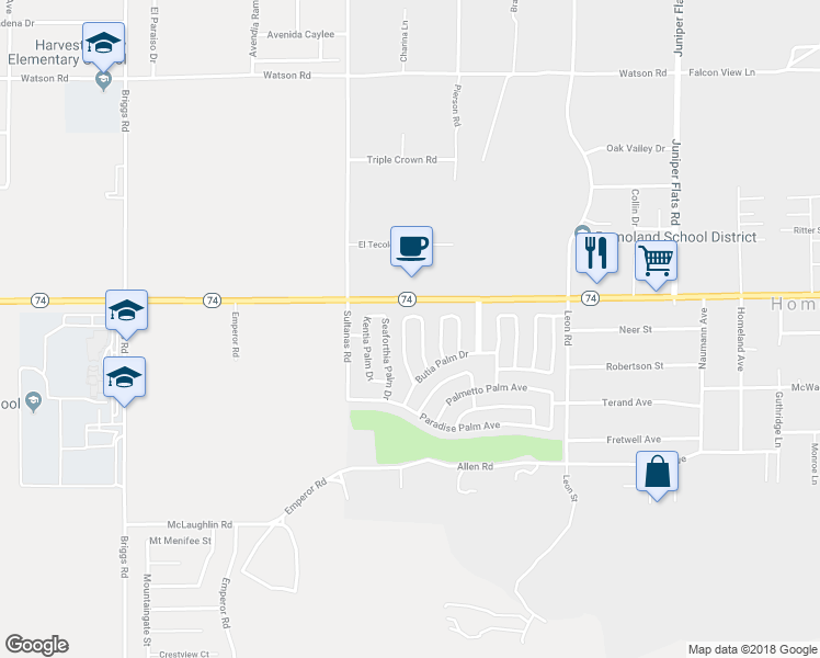 map of restaurants, bars, coffee shops, grocery stores, and more near 26076 Butterfly Palm Drive in Homeland