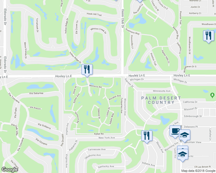 map of restaurants, bars, coffee shops, grocery stores, and more near 76878 Morocco Road in Palm Desert