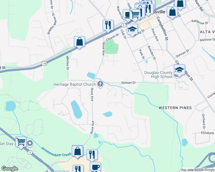 map of restaurants, bars, coffee shops, grocery stores, and more near 8814 Ridgemoore Court in Douglasville