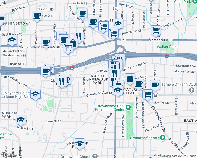 map of restaurants, bars, coffee shops, grocery stores, and more near 1080 Sanders Avenue Southeast in Atlanta