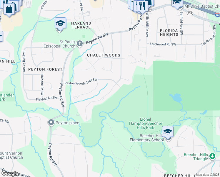 map of restaurants, bars, coffee shops, grocery stores, and more near 515 Cativo Drive Southwest in Atlanta