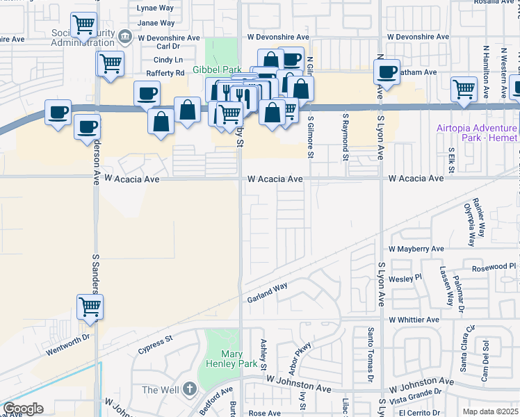 map of restaurants, bars, coffee shops, grocery stores, and more near 2405 Tahoe Circle in Hemet