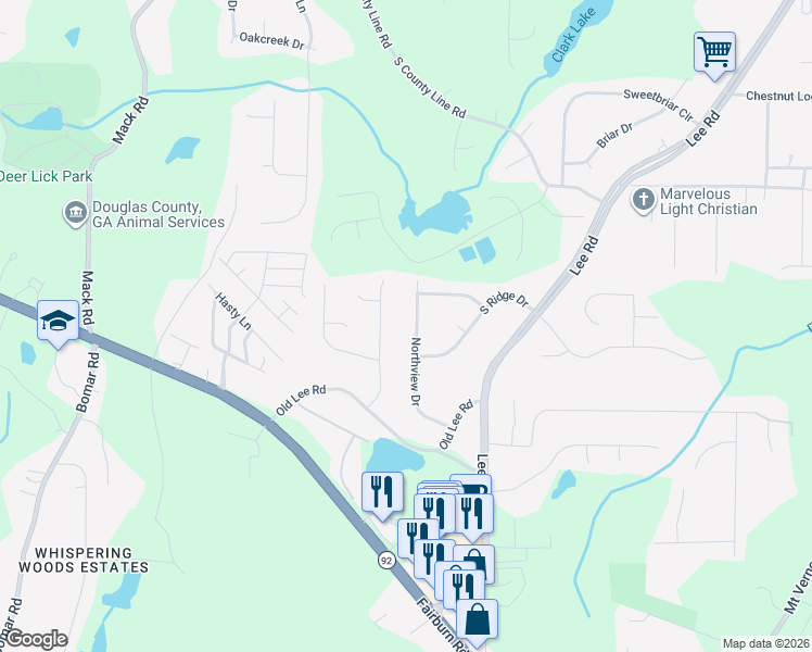 map of restaurants, bars, coffee shops, grocery stores, and more near 8755 Northview Drive in Lithia Springs