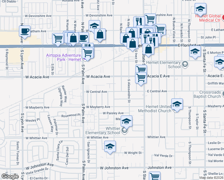 map of restaurants, bars, coffee shops, grocery stores, and more near 363 South Gilbert Street in Hemet