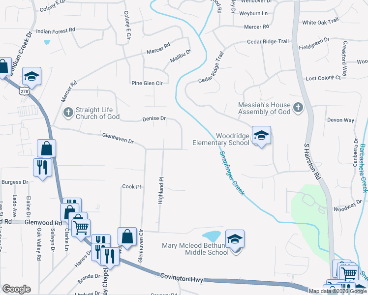 map of restaurants, bars, coffee shops, grocery stores, and more near 4476 Glenhaven Drive in Decatur