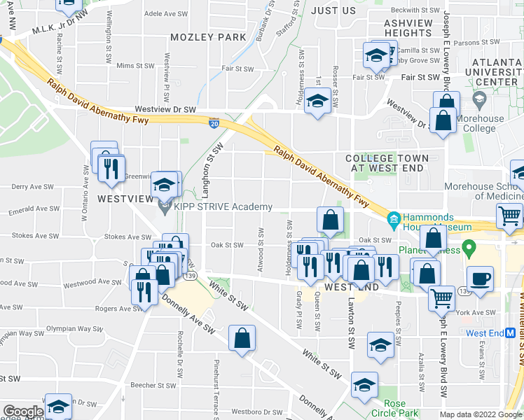 map of restaurants, bars, coffee shops, grocery stores, and more near Lucile Avenue Southwest & Atwood Street Southwest in Atlanta