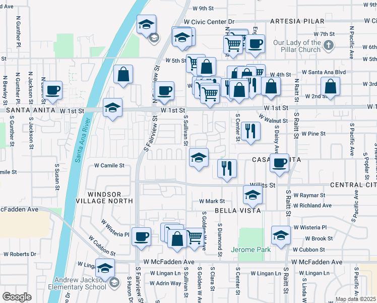 map of restaurants, bars, coffee shops, grocery stores, and more near 304 Duke Lane in Santa Ana