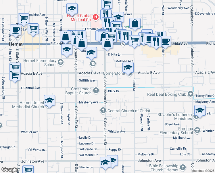 map of restaurants, bars, coffee shops, grocery stores, and more near 40276 Central Avenue in Hemet