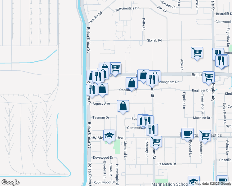 map of restaurants, bars, coffee shops, grocery stores, and more near 5202 Oceanus Drive in Huntington Beach
