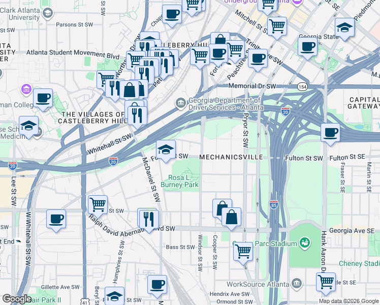 map of restaurants, bars, coffee shops, grocery stores, and more near 330 Eugenia Street Southwest in Atlanta