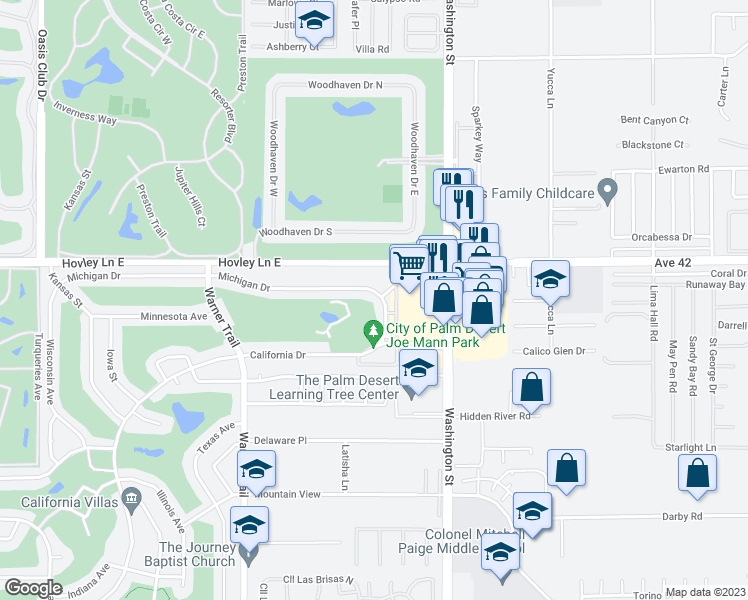 map of restaurants, bars, coffee shops, grocery stores, and more near 77815 Michigan Drive in Palm Desert