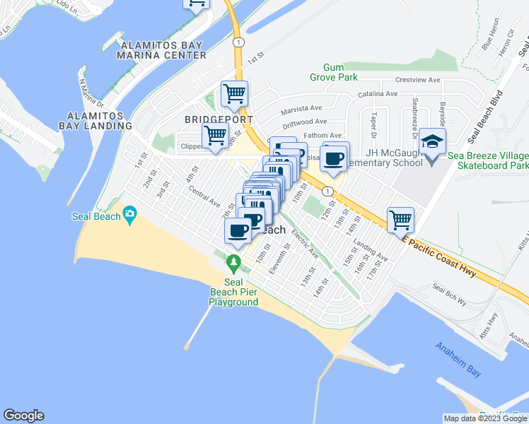 map of restaurants, bars, coffee shops, grocery stores, and more near 225 Main Street in Seal Beach
