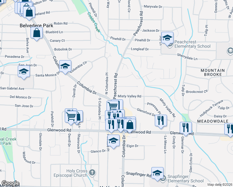 map of restaurants, bars, coffee shops, grocery stores, and more near 1709 Peachcrest Road in Decatur