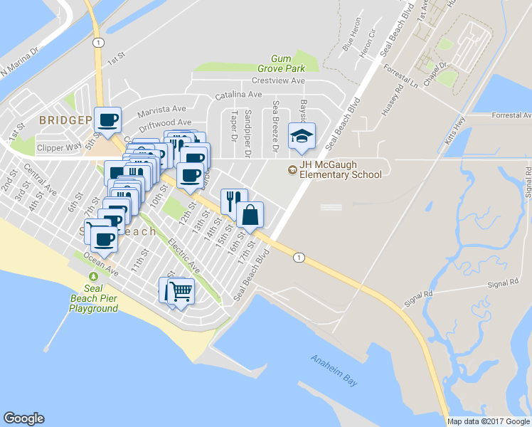 map of restaurants, bars, coffee shops, grocery stores, and more near 412 Emerald Place in Seal Beach