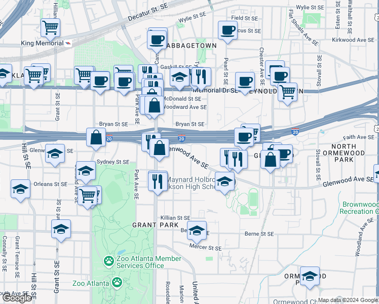 map of restaurants, bars, coffee shops, grocery stores, and more near 676 Glenwood Avenue Southeast in Atlanta