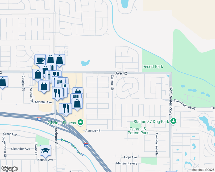 map of restaurants, bars, coffee shops, grocery stores, and more near 83452 Lightning Road in Indio