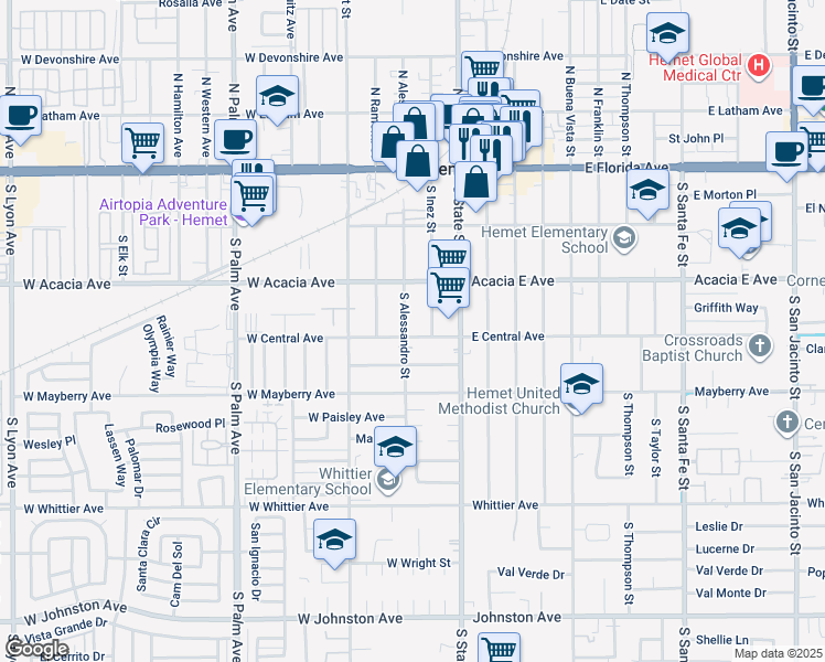 map of restaurants, bars, coffee shops, grocery stores, and more near 355 South Inez Street in Hemet