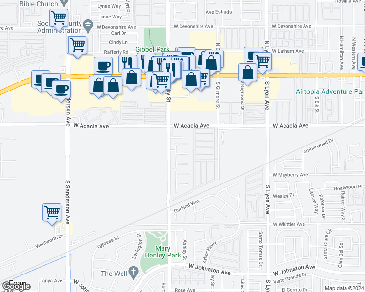 map of restaurants, bars, coffee shops, grocery stores, and more near 2450 Tahoe Circle in Hemet