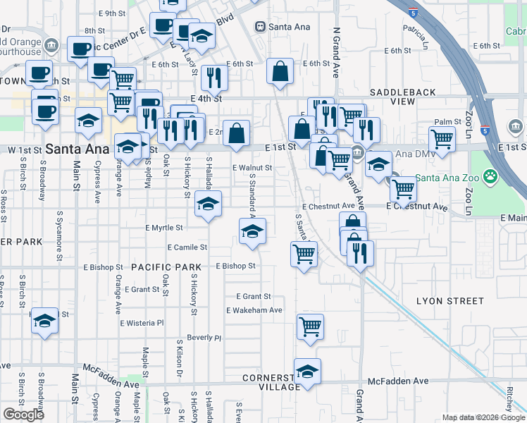 map of restaurants, bars, coffee shops, grocery stores, and more near 911 East Chestnut Avenue in Santa Ana