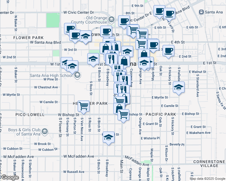 map of restaurants, bars, coffee shops, grocery stores, and more near 320 South Main Street in Santa Ana