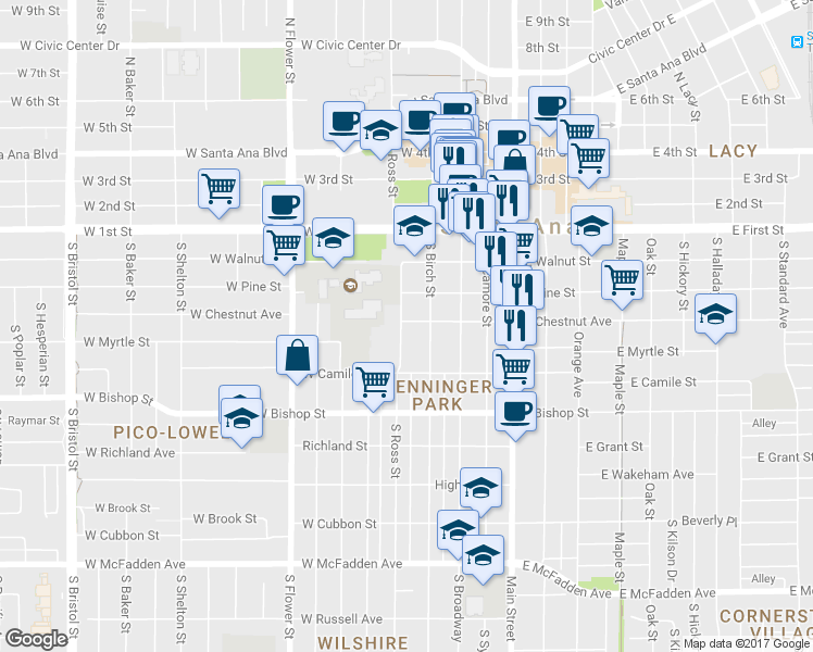 map of restaurants, bars, coffee shops, grocery stores, and more near 407 West Chestnut Avenue in Santa Ana