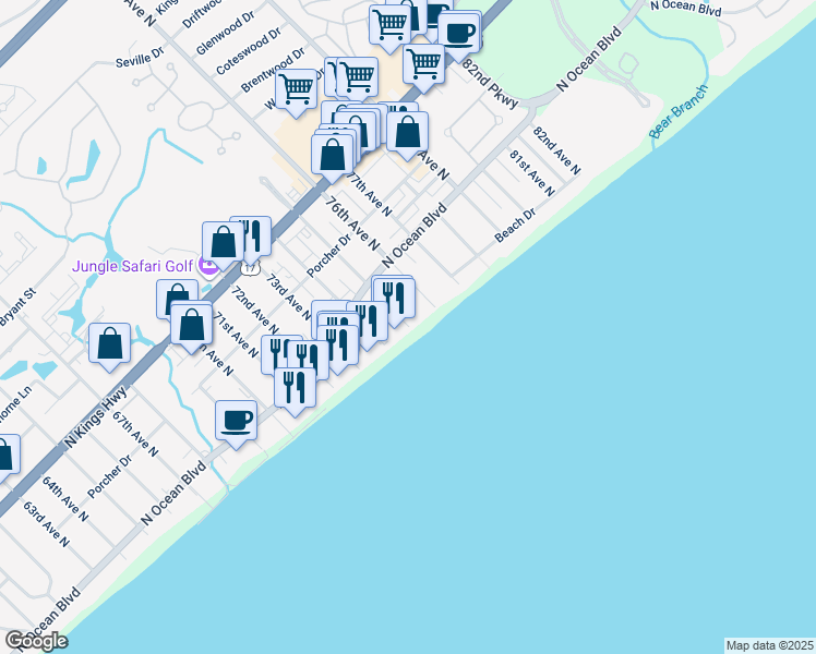 map of restaurants, bars, coffee shops, grocery stores, and more near 201 75th Avenue North in Myrtle Beach
