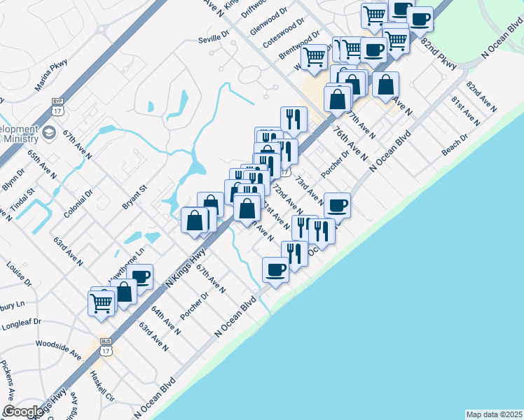 map of restaurants, bars, coffee shops, grocery stores, and more near 7050 North Kings Highway in Myrtle Beach