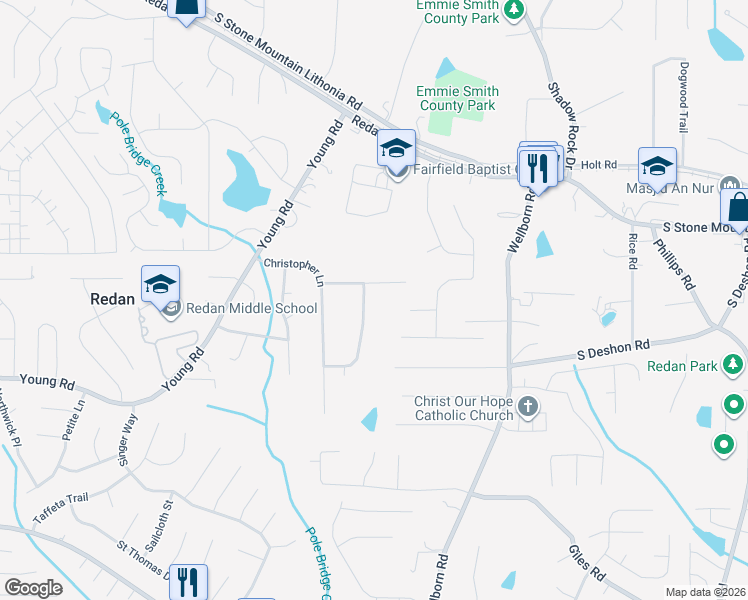 map of restaurants, bars, coffee shops, grocery stores, and more near 5933 Earlwane Drive in Lithonia