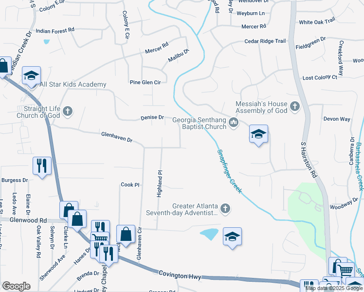 map of restaurants, bars, coffee shops, grocery stores, and more near 4522 Glenhaven Drive in Decatur
