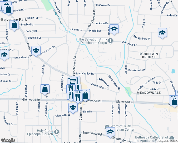 map of restaurants, bars, coffee shops, grocery stores, and more near 3396 Misty Valley Road in Decatur