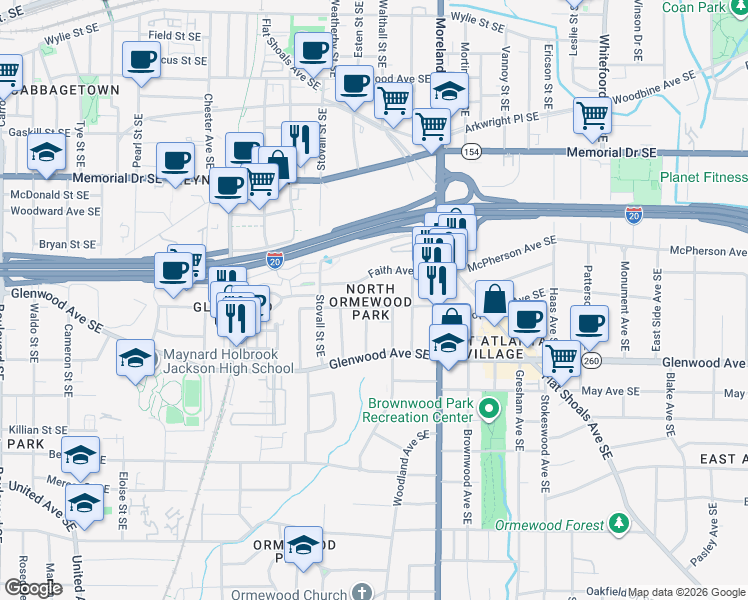 map of restaurants, bars, coffee shops, grocery stores, and more near 1065 Faith Avenue Southeast in Atlanta