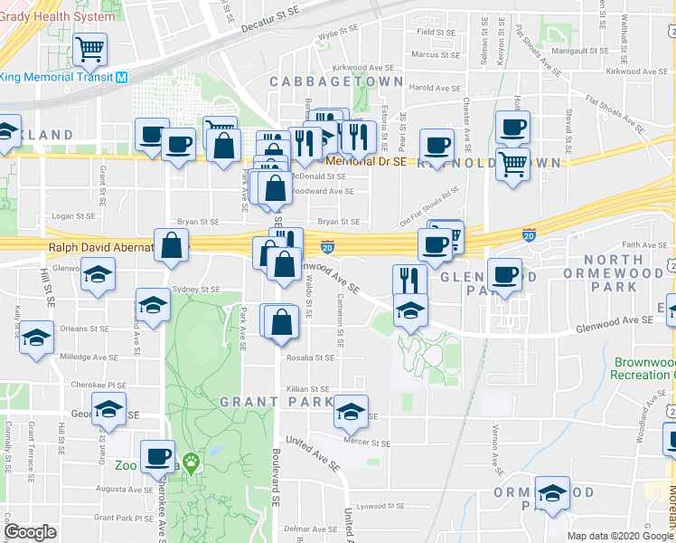 map of restaurants, bars, coffee shops, grocery stores, and more near 662 Glenwood Avenue Southeast in Atlanta