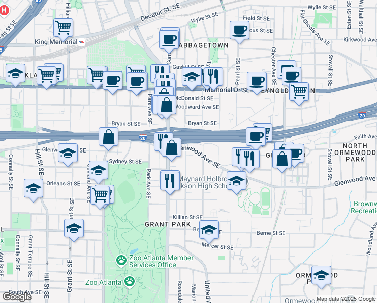 map of restaurants, bars, coffee shops, grocery stores, and more near 662 Glenwood Avenue Southeast in Atlanta
