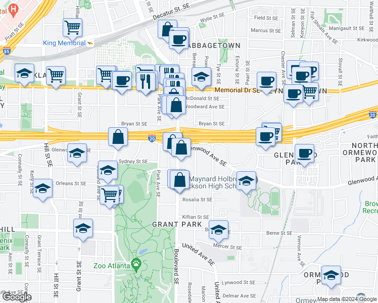 map of restaurants, bars, coffee shops, grocery stores, and more near 619 Glenwood Avenue Southeast in Atlanta