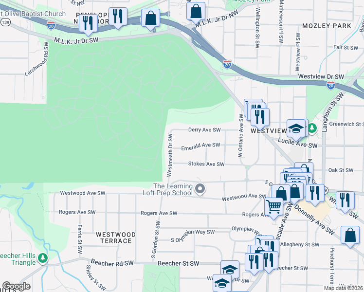 map of restaurants, bars, coffee shops, grocery stores, and more near 1765 Emerald Avenue Southwest in Atlanta