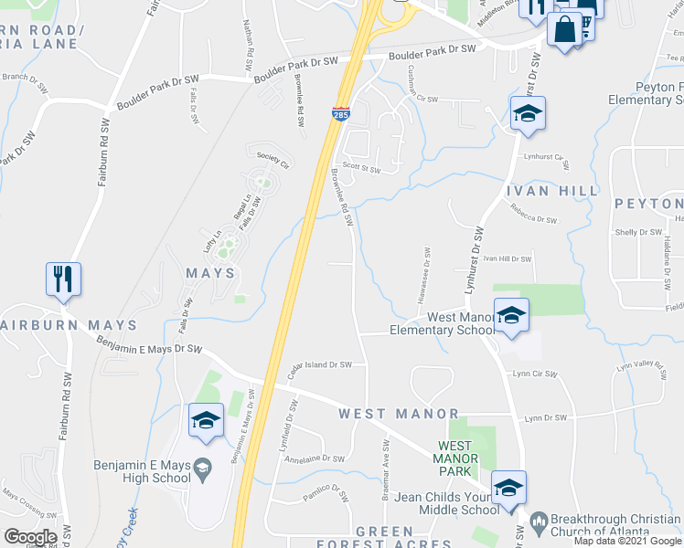 map of restaurants, bars, coffee shops, grocery stores, and more near 505 Dameron Circle Southwest in Atlanta